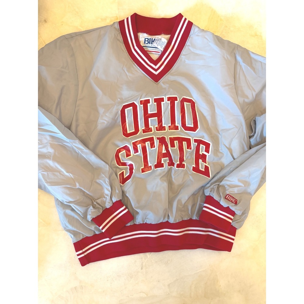 Vintage Bike Ohio State Buckeyes Windbreaker Pullover Gray Red V-Neck Medium USA